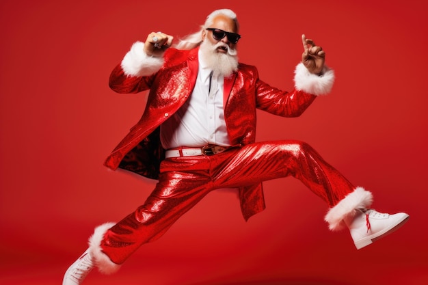 Christmas Trendy Santa dancing on red bacground