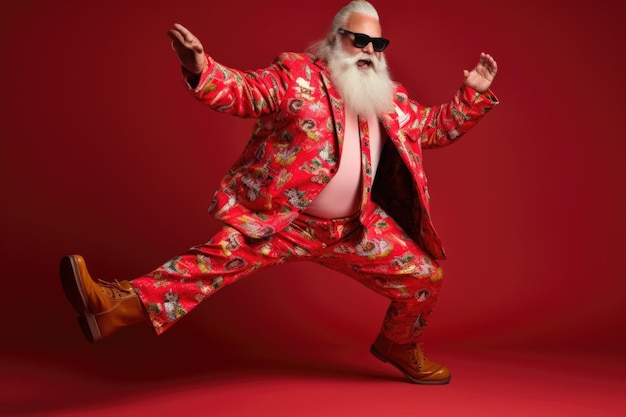 Christmas Trendy Santa dancing on red bacground