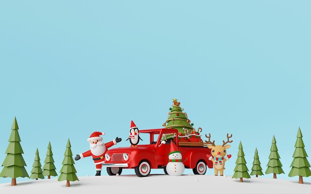 Christmas truck with Santa Claus and friends in pine forest 3d rendering