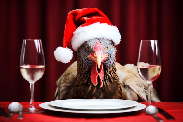 A christmas turkey wearing a santa hat sat at a festive table with an empty plate