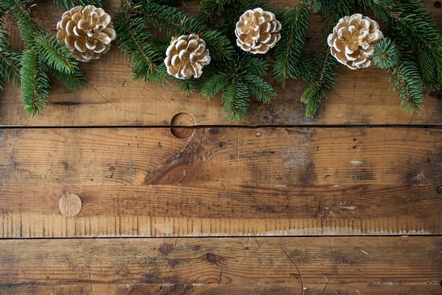 Christmas twigs on wooden background