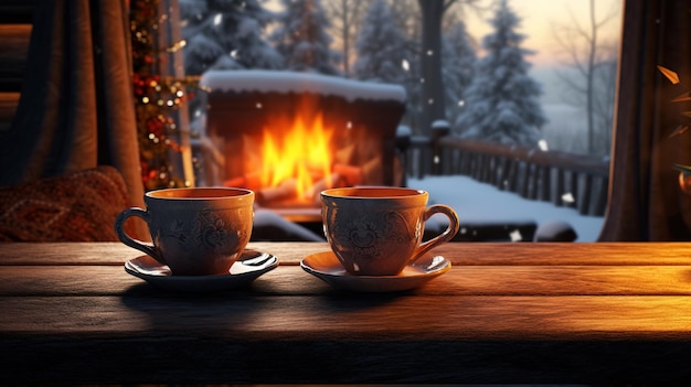 Christmas two cups of tea on the table the fireplace is lit Generative AI