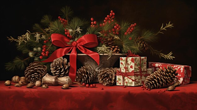 Christmas utensils and red bow on a red table