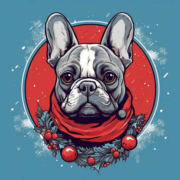 Christmas Vector style illustration of a French bulldog in a red scarf