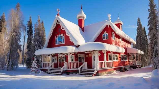 写真 冬の山と森のクリスマスの景色 休暇の場所 家のソファで幸せなサンタクロース