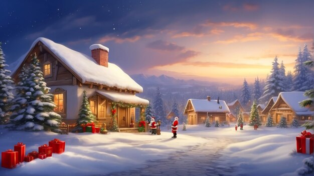 Christmas view in winter mountain and forest place to vacation happy Santa Claus on couch at home