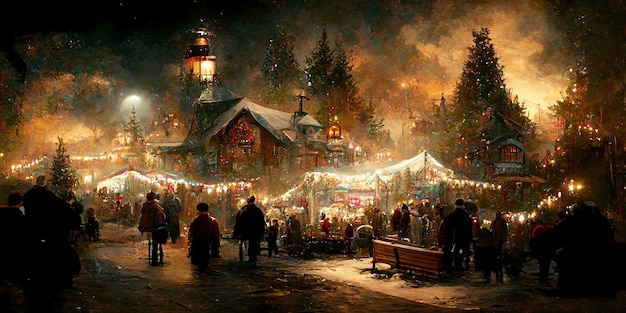 Christmas village. Digital illustration. Painting. Beautiful scenario