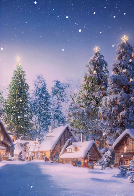山のクリスマス村 クリスマスの装飾が施された冬の風景の家