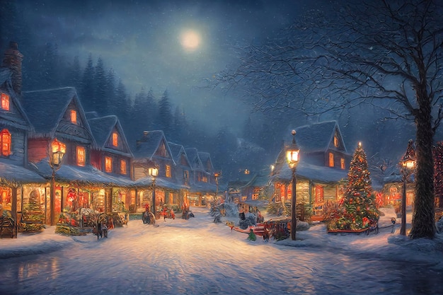 Christmas village in the mountains Winter landscape houses with christmas decorations