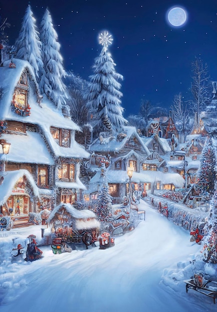 Рождественская деревня в горах Зимний пейзаж домики с елочными украшениями
