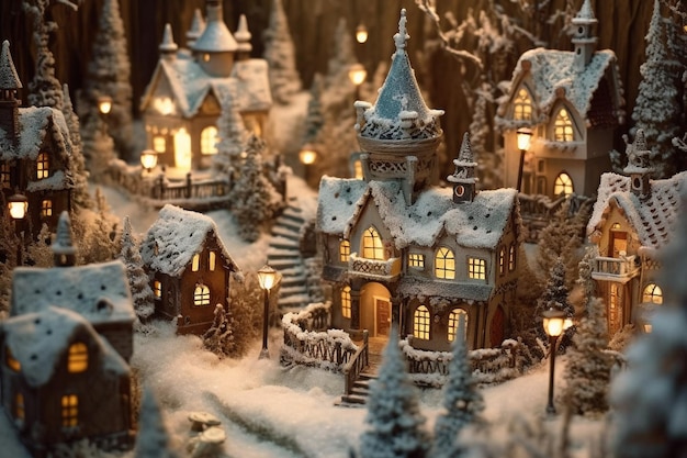 Рождественская деревенская ночная пейзаж Зимняя снежная уютная улица с огнями в домах Зимние праздники