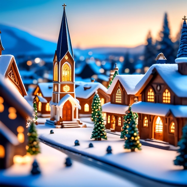 A christmas village scene with a church town square and snow covered streets hd uhd 4k fine line