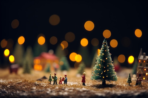 Christmas village with miniature figurines and snowy trees Christmas winter holidays concept