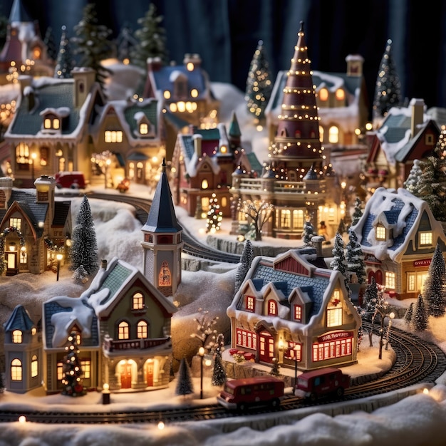 Christmas village with miniature houses and twinkling lights