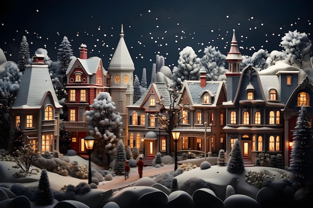 Christmas village with Snow in vintage style Winter Village Landscape Christmas Holidays