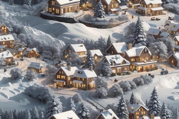 Christmas village with Snow in vintage style