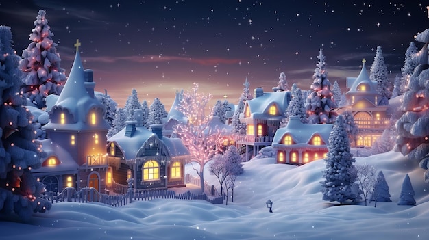 Рождественская деревня с деревьями и внутренним освещением Generative Ai