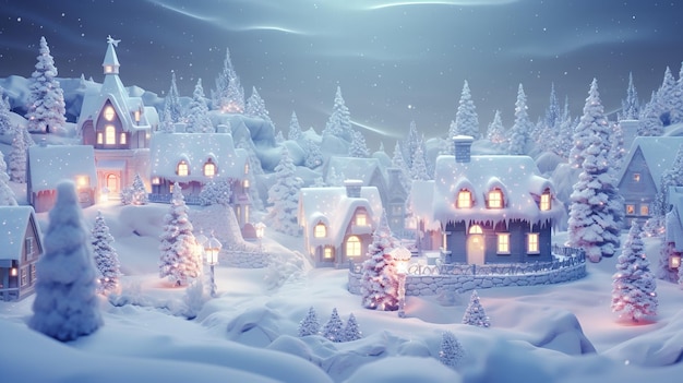樹木と内装照明のクリスマス村 Generative Ai