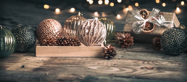 Christmas vintage toys on wooden table