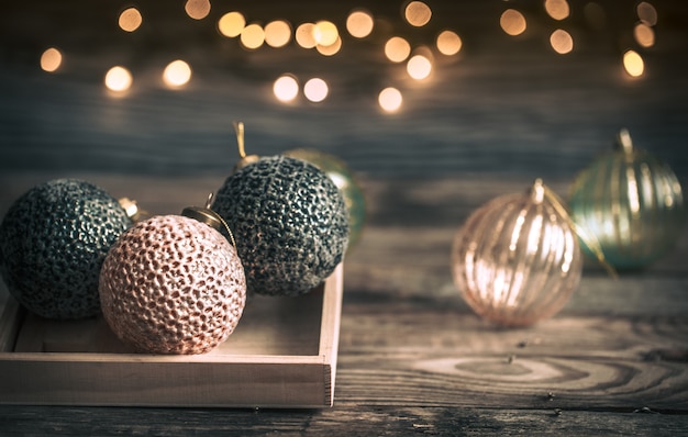 Christmas vintage toys on wooden table