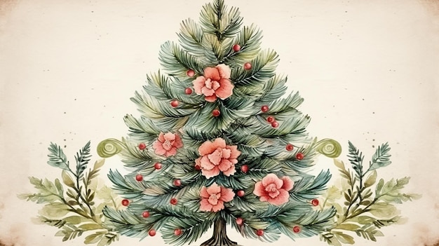 Christmas vintage watercolor folk pine tree card winter background design