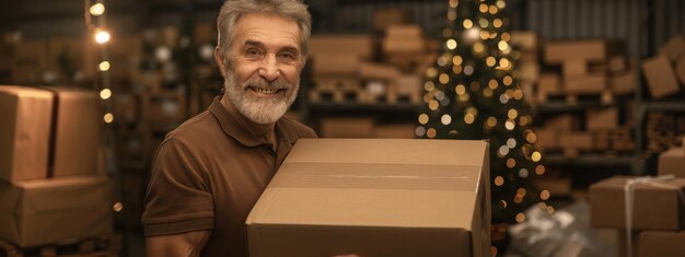 Christmas warehouse delivery laborer worker adult mature male man smiling and packing cardboard box