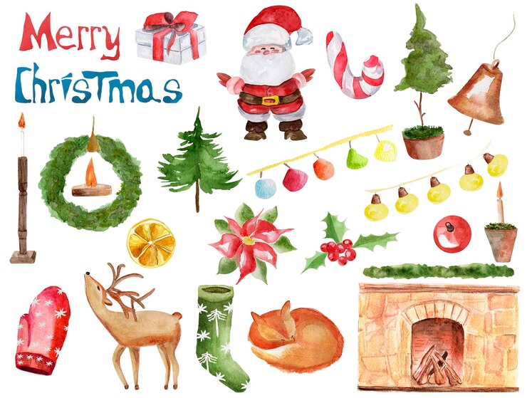 Photo christmas watercolor set of elements and santa claus