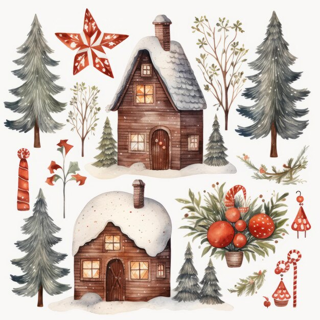 Christmas watercolor set Winter house Christmas trees