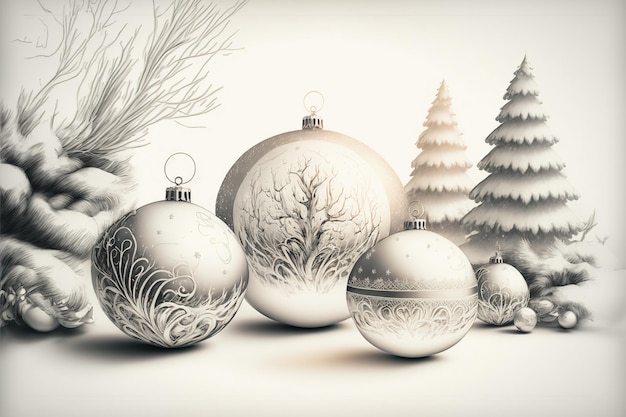 Christmas white background with christmas balls digital\
painting artwork