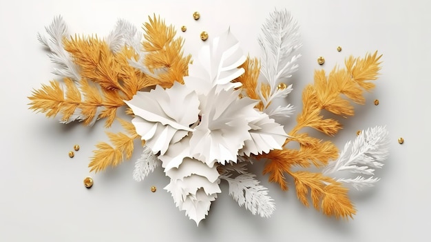 Christmas white fir branches with golden leafs Bright color Generative Ai