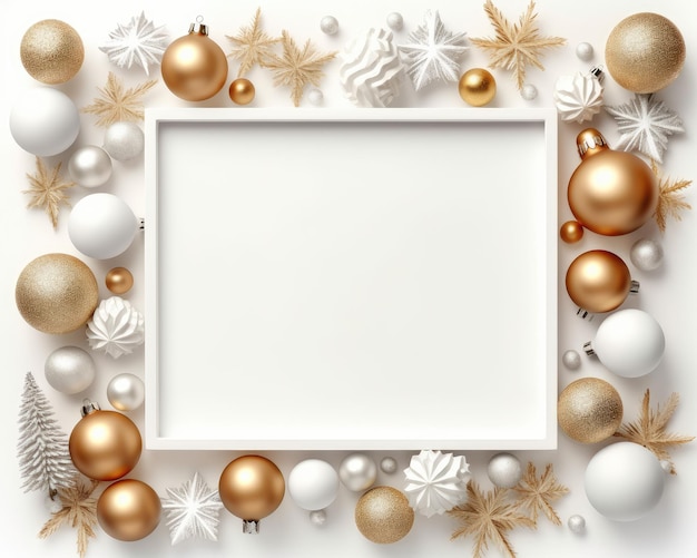 A Christmas white frame with silver balls and gold ornaments