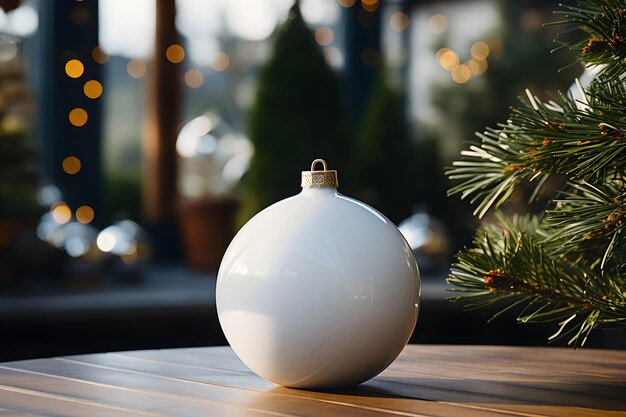 Christmas white glossy round bauble ornament on wooden table with christmas tree decoration and blurred bokeh lights background
