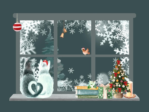 Christmas window cat and decoration hd wallpaper