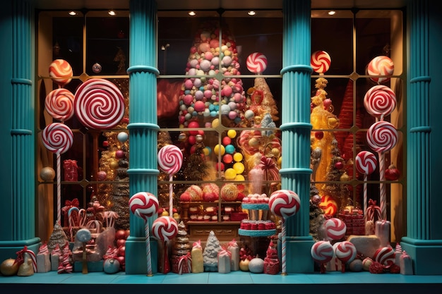 Christmas window display of a candy store