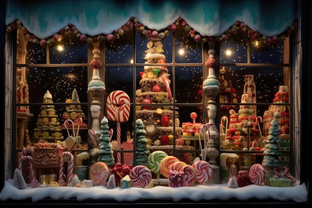 Christmas window display of a candy store