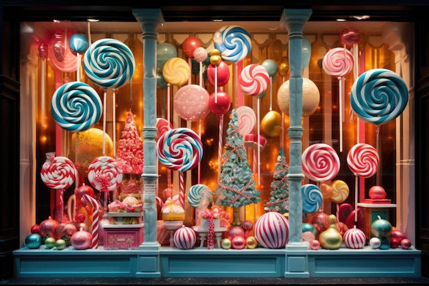 Photo christmas window display of a candy store