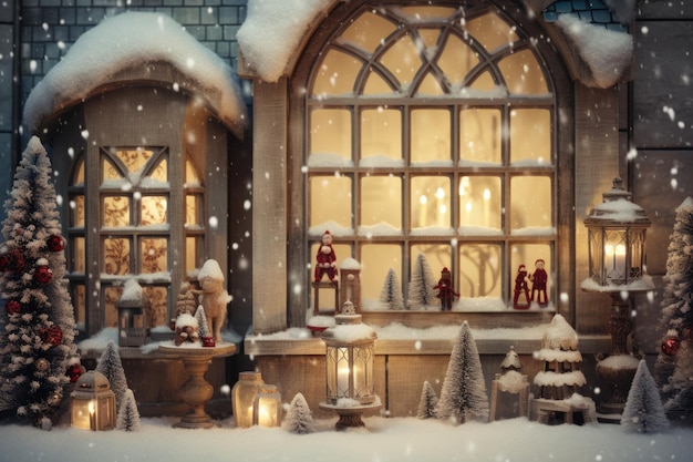 Christmas Window Fairytale winter scene with holiday objects in a snowcovered window