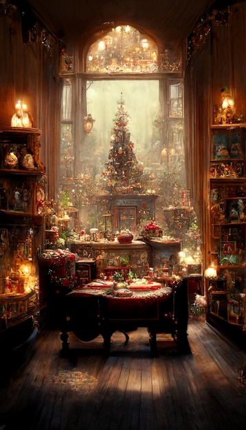 A christmas window with a christmas tree in the corner