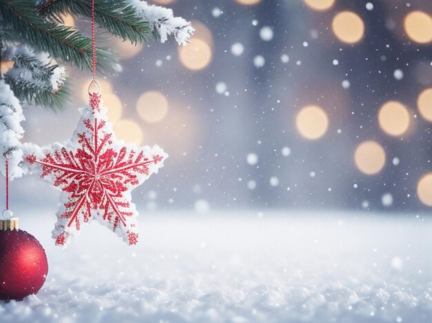 Christmas winter background with snow and blurred bokeh with copyspace