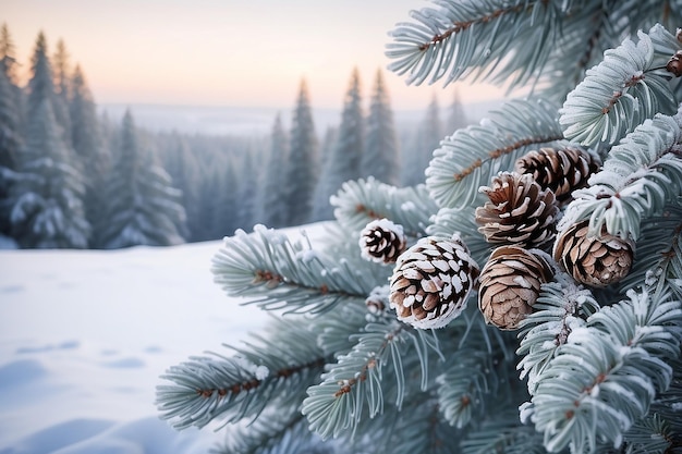 Christmas or winter background with snowy frosted branches and pine cones Nature landscape with copy space