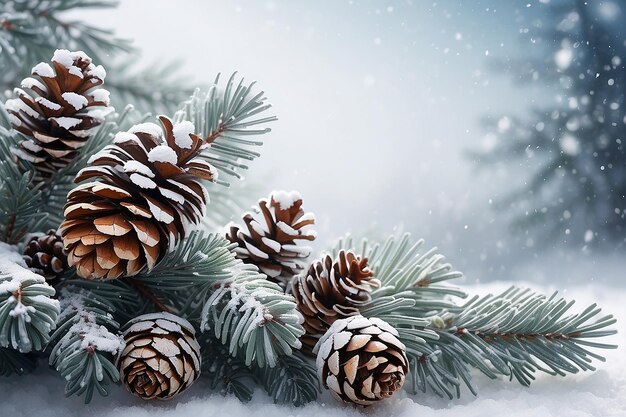 Christmas or winter background with snowy frosted branches and pine cones nature landscape with copy space