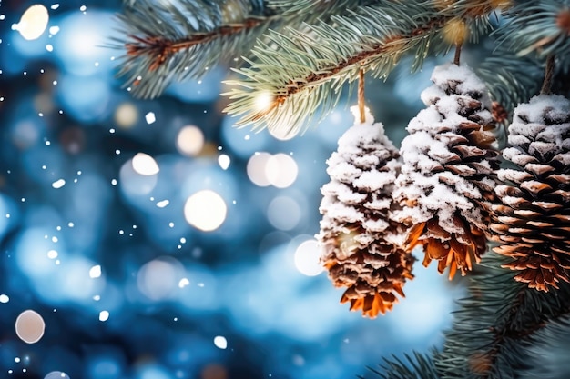 Christmas winter background with snowy pine cones on fir branches