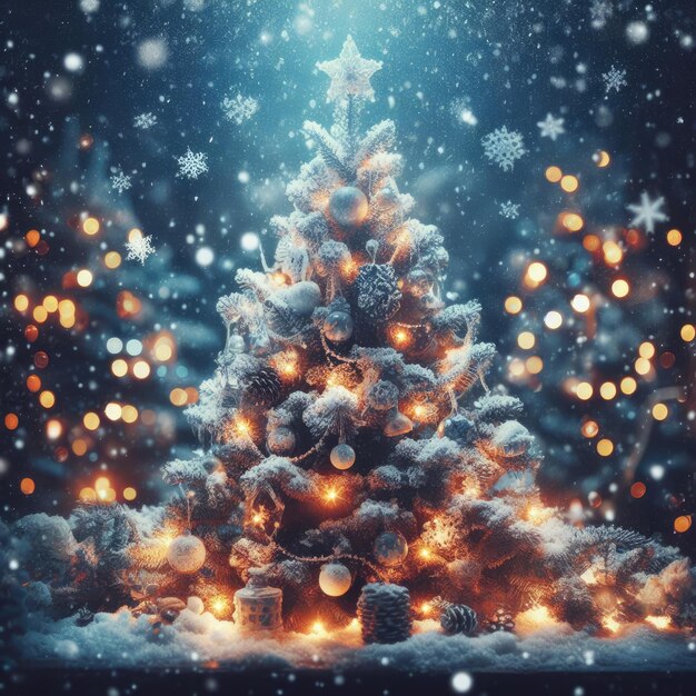 Christmas winter blurred background Xmas tree with snow decorated