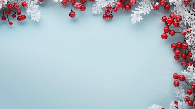 Christmas or winter composition frame made of snowflakes and red berries on pastel blue background