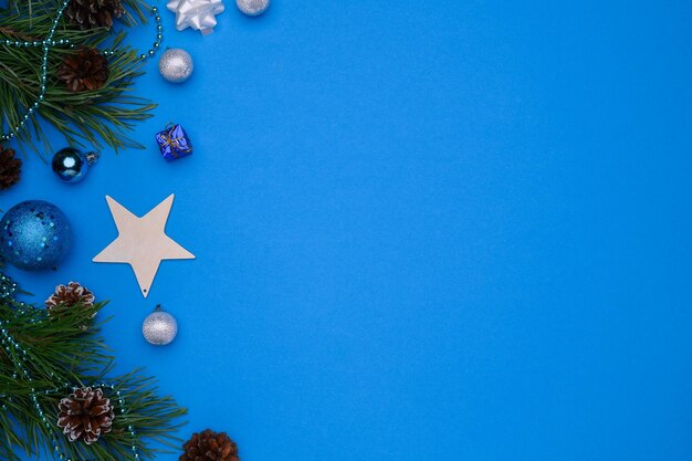 Christmas winter composition Layout on a blue background Christmas winter new year Flat lay top view Copy space