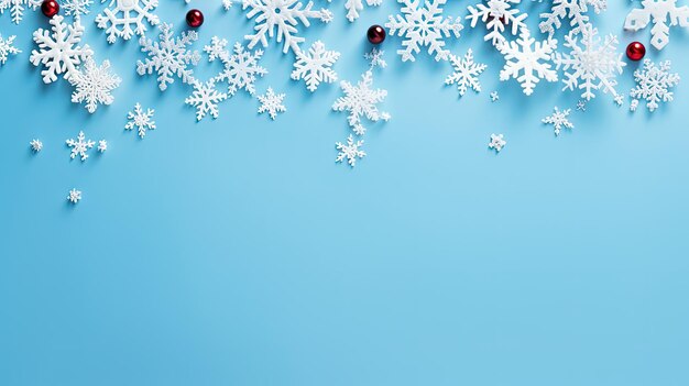 Christmas or winter composition Snowflakes and red berries on blue background