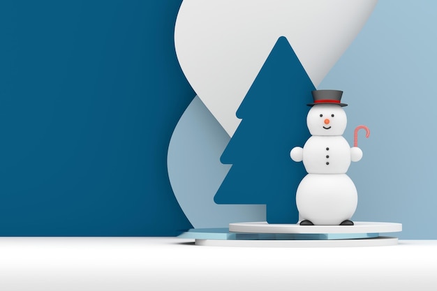 Christmas winter greeting card with Christmas tree and funny snowman on blue white background