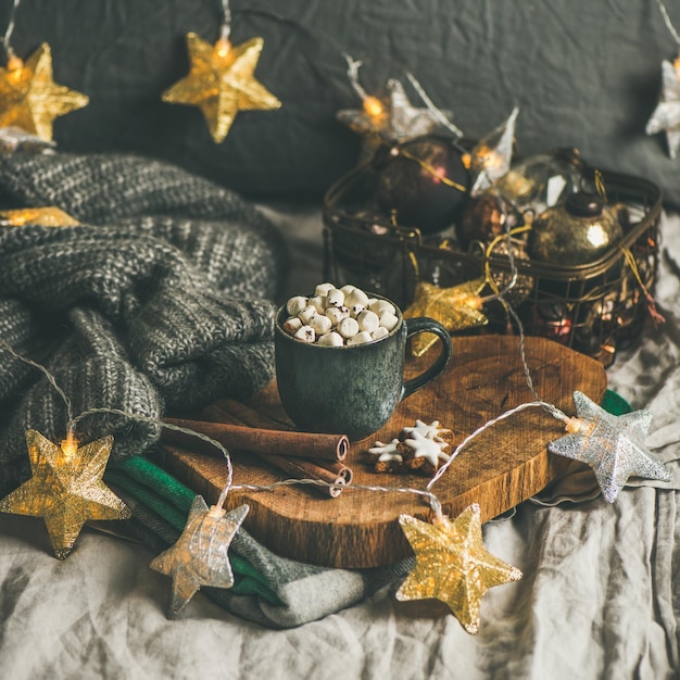 Christmas winter hot chocolate with marshmellows and cinnamon square crop