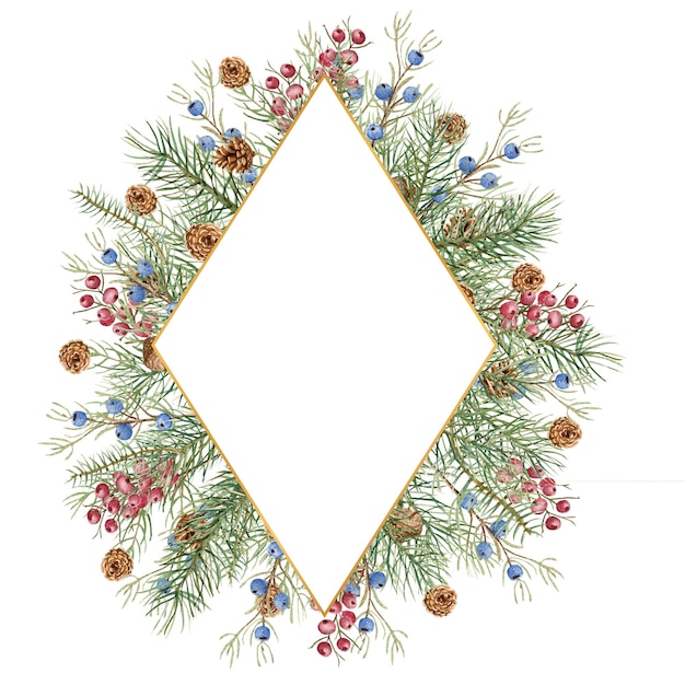 Illustrazione di inverno di natale. cornice a forma di diamante con ramoscelli di abete acquerellato, pigne, bacche blu e rosse