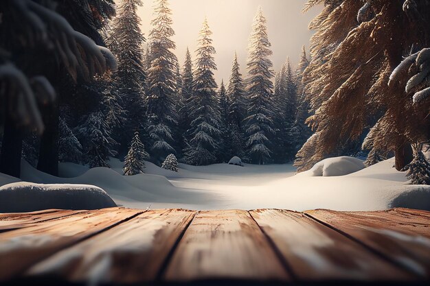 christmas winter landscape with wooden table background